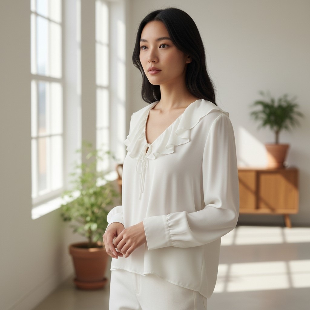 J.Crew Ivory Ruffle Collar Blouse Feminine Regency Coquette Long Sleeve White Xl